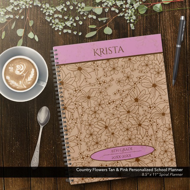 Country Flowers Tan & Pink Personalised School Planner (Country Flowers Brown and Pink Personalized School Planner: Customize the Name, Grade, and Year.)