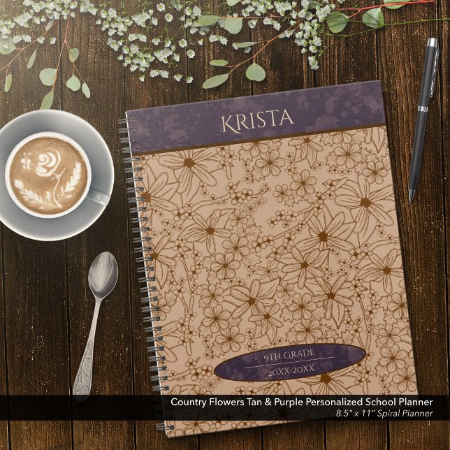 Country Flowers Tan & Purple Personalised School Planner (Country Flowers Brown and Purple Personalized School Planner: Customize the Name, Grade, and Year.)