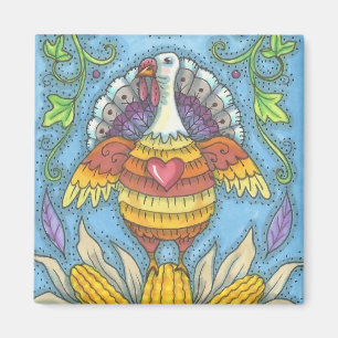 COUNTRY FOLK ART THANKSGIVING TURKEY MAGNET Square