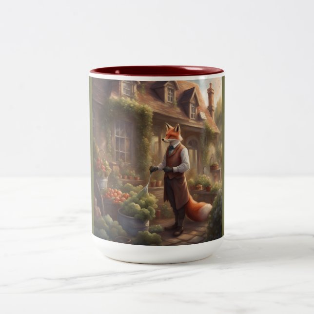 Country Fox waters vegetable garden Two-Tone Coffee Mug (Center)