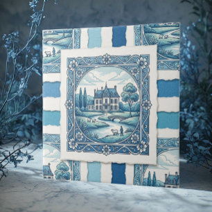 Country French Toile De Jouy Vintage Rustic Blue Tile