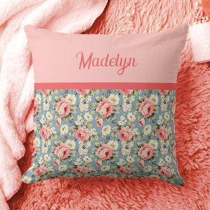 Country Garden Floral Blush Pink Monogram Name Cushion