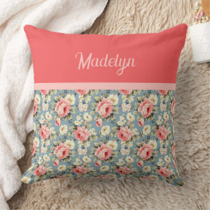 Country Garden Floral Coral Red Monogram Name Cushion
