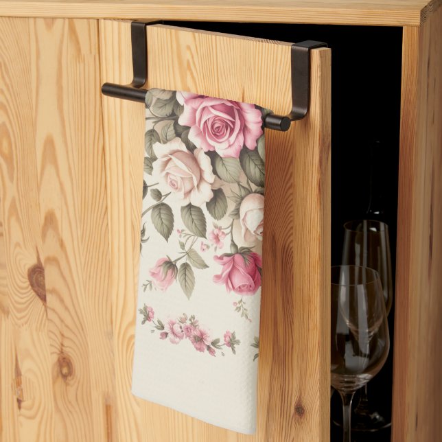 Country Garden Pink Roses on Cream Background Tea Towel (Thirds Fold)