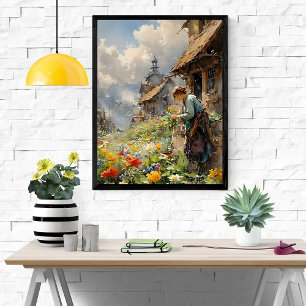 Country Garden w/ Girl in Blue Dress and Flowers Poster