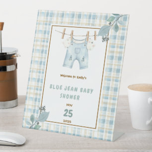 Country Gingham Blue Jean Baby Shower Welcome Pedestal Sign