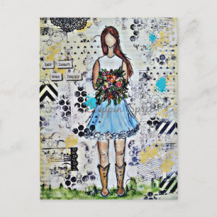 Country Girl. Original Mixed Media Art Postcard
