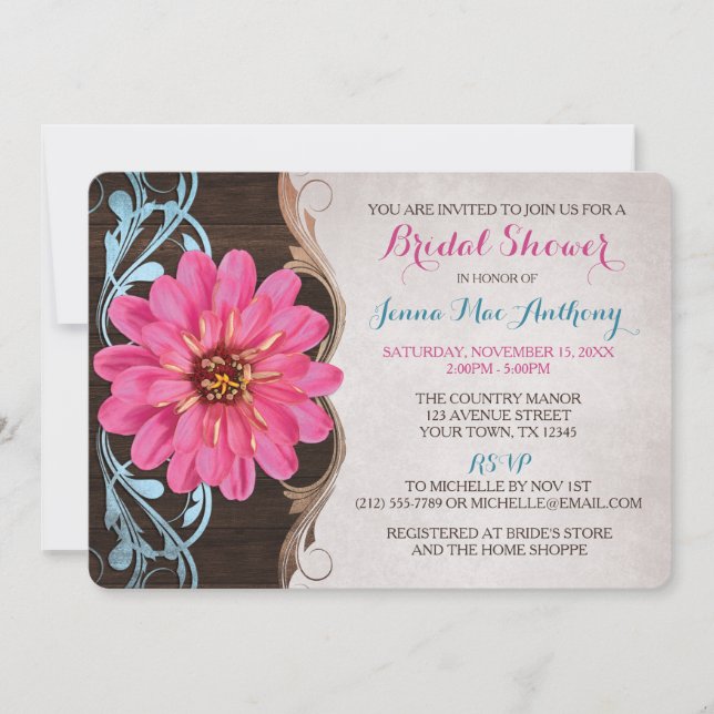 Country Girl Pink Zinnia Bridal Shower Invitations (Front)