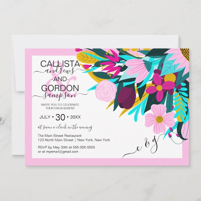 Country Golden Pink Floral Leaf Border Engagement Invitation (Front)