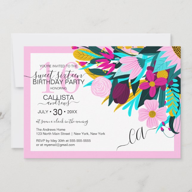Country Golden Pink Floral Leaves Border Sweet 16 Invitation (Front)