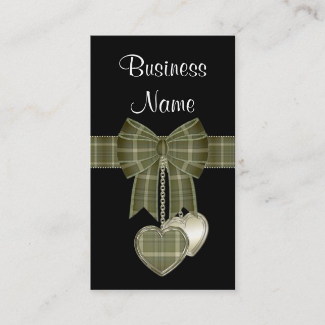 Country Green Plaid Ribbon w/Hearts Business Card (Front)