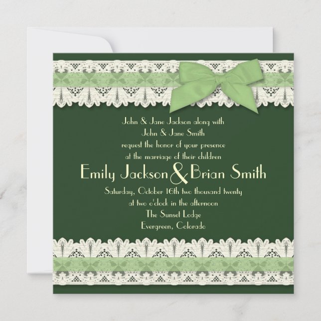 Country green ribbon lace wedding invitations (Front)