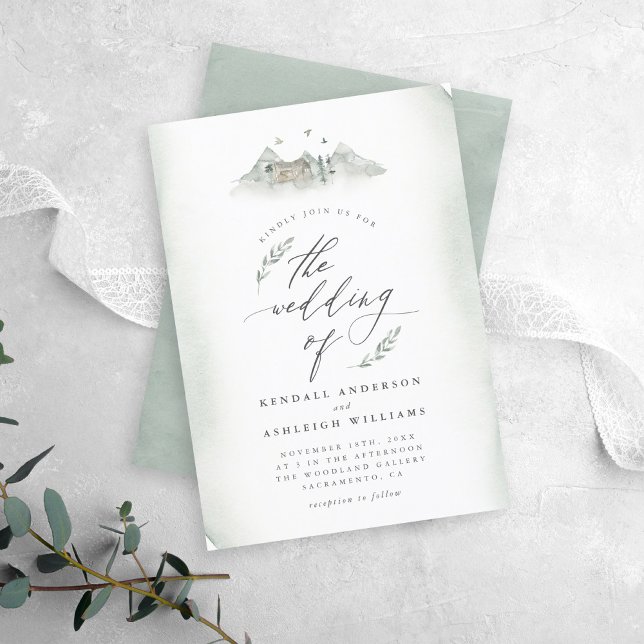 Country Green Watercolor Leaves & Mountain Wedding Invitation (Creator Uploaded)