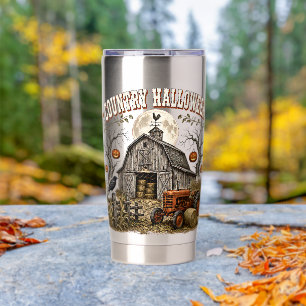 Country Halloween Pumpkin Barn Farm Tractor Insulated Tumbler