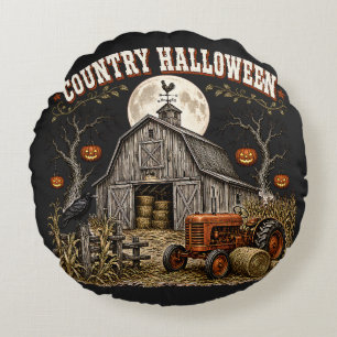 Country Halloween Pumpkin Barn Farm Tractor Round Cushion