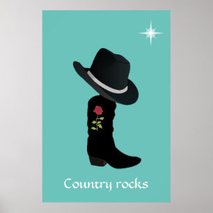 Country Hat and Boot on Teal Poster