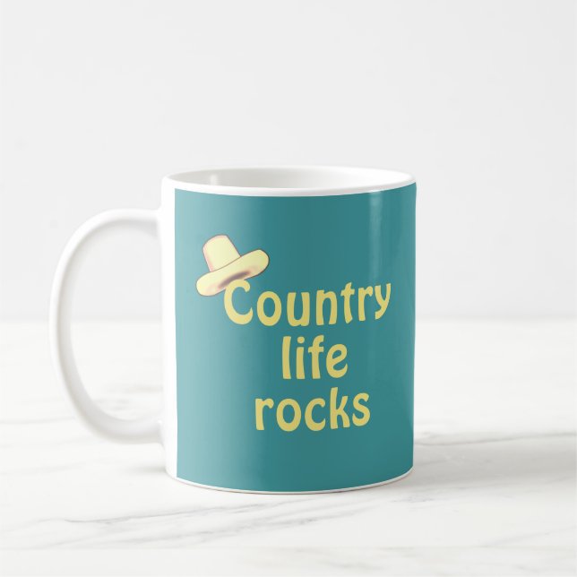 Country Hat & Calligraphy on Teal Coffee Mug (Left)