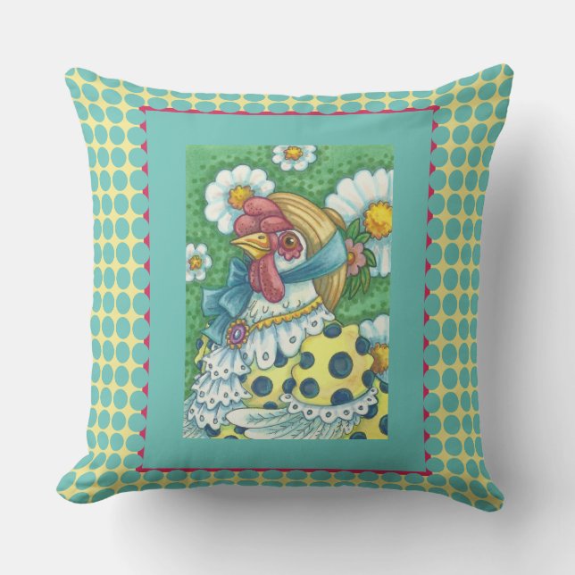 COUNTRY HEN, POLKA DOT CHICKEN THROW PILLOW Teal (Front)