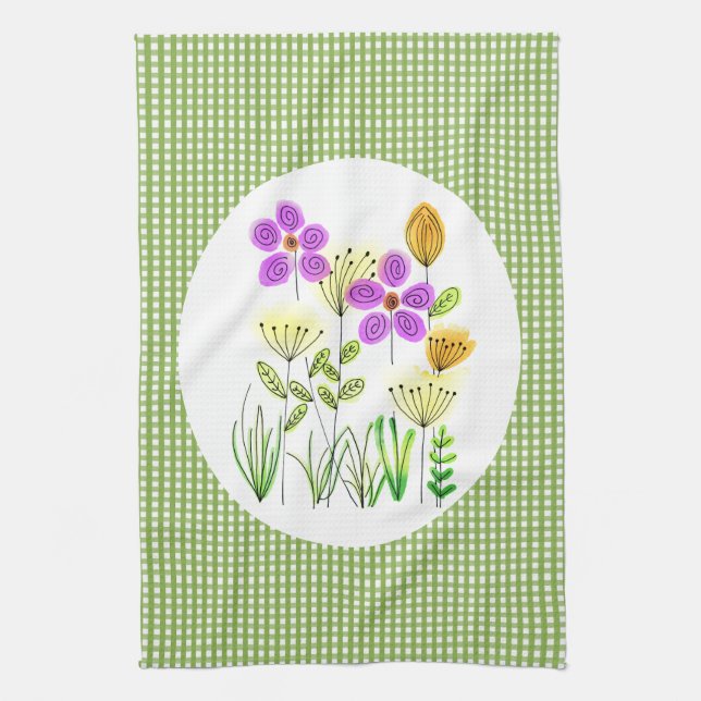Country Home-style Gingham and Wildflower Kitchen Tea Towel (Vertical)
