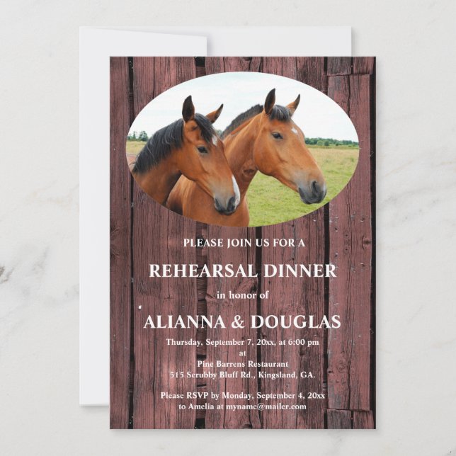 Country Horses Red Barnboard Rehearsal Dinner Invitation (Front)