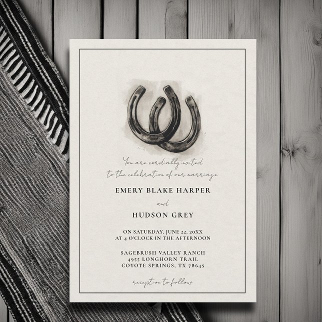 Country Horseshoes Art Western Elegant BW Wedding Invitation (country wedding invitation western cowboy horseshoes artistic frame black white elegant formal)