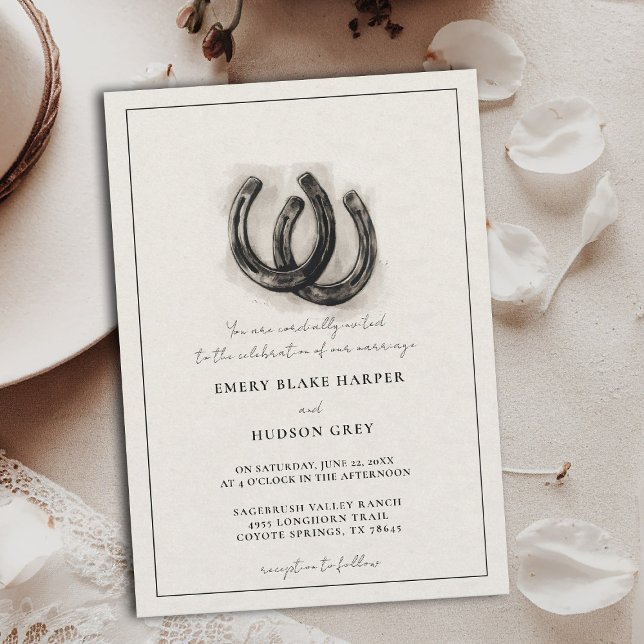 Country Horseshoes Vintage Western BW Wedding Invitation (western wedding invitation cowboy country horseshoes horse lovers vintage art sketch elegant)