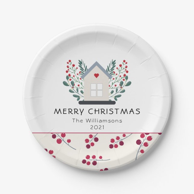 Country House and Berries Family Name Holiday Paper Plate (Front)