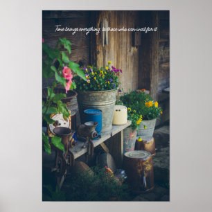 Country house porch adorned with vibrant pansies poster