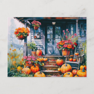 Country House with Pumpkins and Flowers Halloween Holiday Postcard