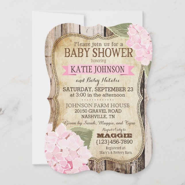 Country Hydrangeas and Rustic Wood Baby Shower Invitation (Front)