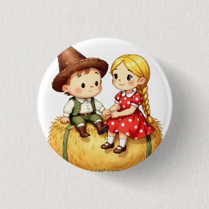 Country Kids on a Hay Bale 3 Cm Round Badge