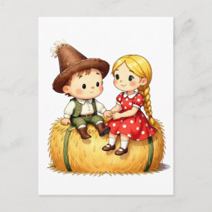 Country Kids on a Hay Bale, Postcard