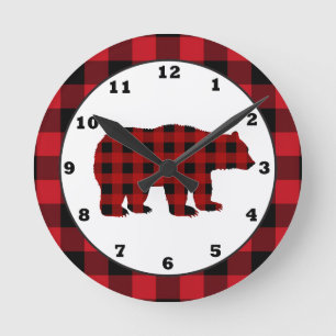 Country kitchen buffalo plaid bear clock