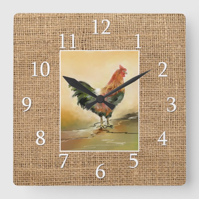 Country Kitchen Rooster Rustic Burlap Farmhouse Square Wall Clock (Front)