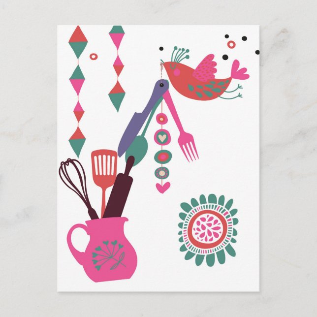 country kitchen - silverware on floral. postcard (Front)