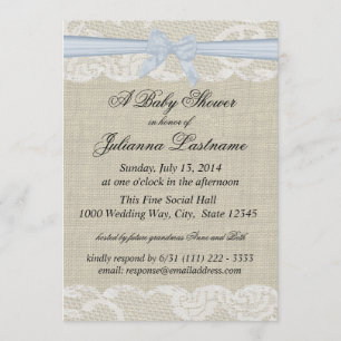 Country Lace and Burlap with Baby Blue Bow Shower Invitation