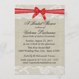 Country Lace and Burlap with Red Bow Shower Invitation