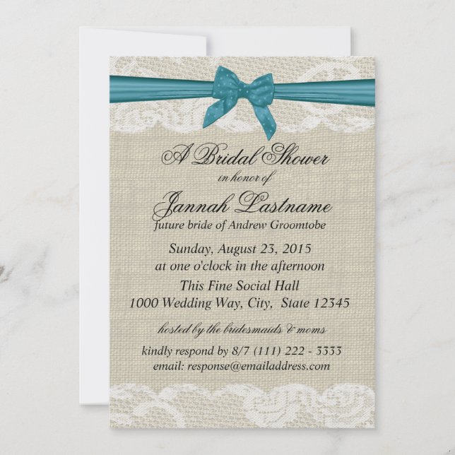 Country Lace and Burlap with Turquoise Bow Shower Invitation (Front)