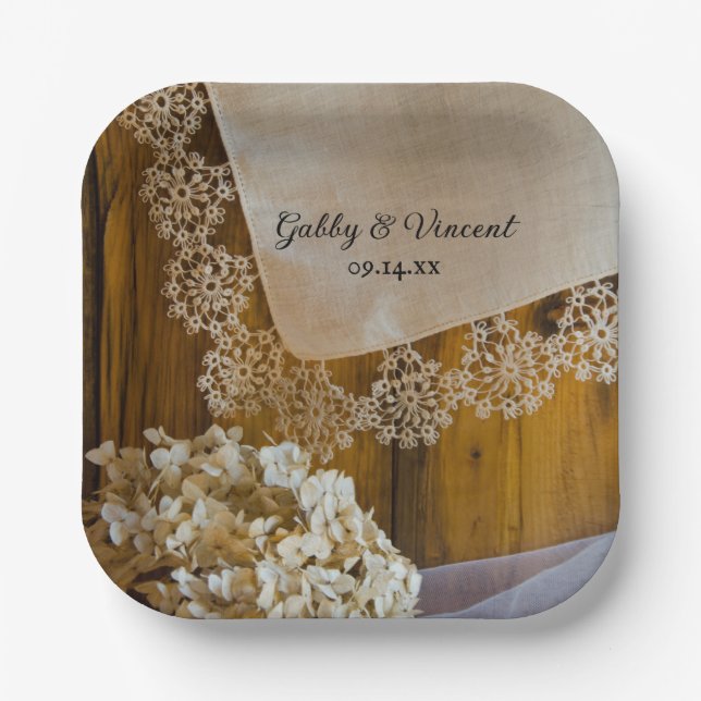 Country Lace and Flowers Barn Wedding Paper Plate (Front)