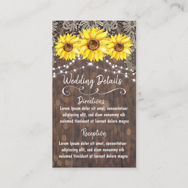Country Lace and Sunflowers Wedding Details Card (Front)