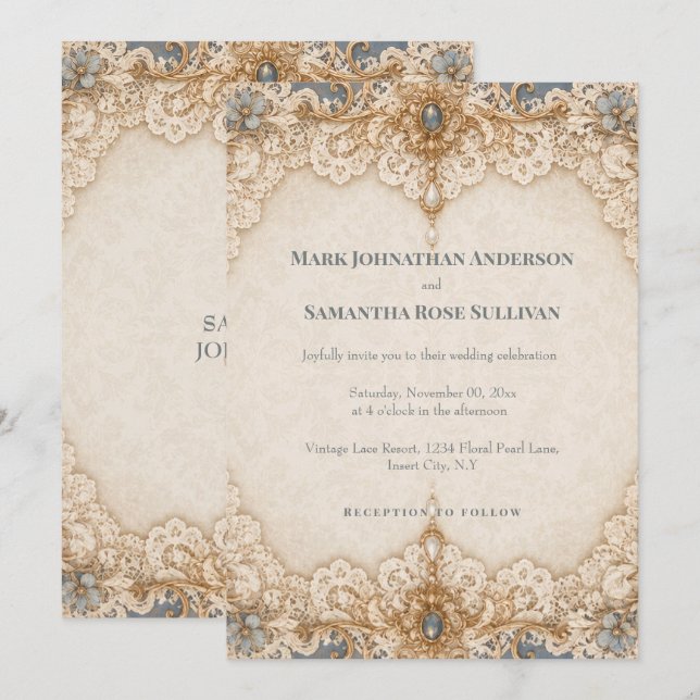 Country lace doiley theme wedding taupe ivory invitation (Front/Back)