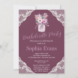 Country Lace Mason Jar Burgundy Bachelorette Party Invitation