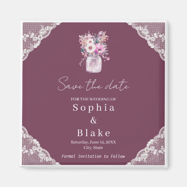 Country Lace Mason Jar Burgundy Save the Date Magnet (Front)
