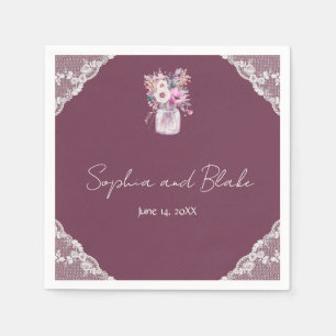 Country Lace Mason Jar Burgundy Wedding Napkin