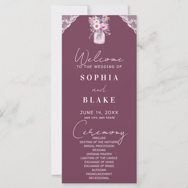 Country Lace Mason Jar Burgundy Wedding Program (Front)