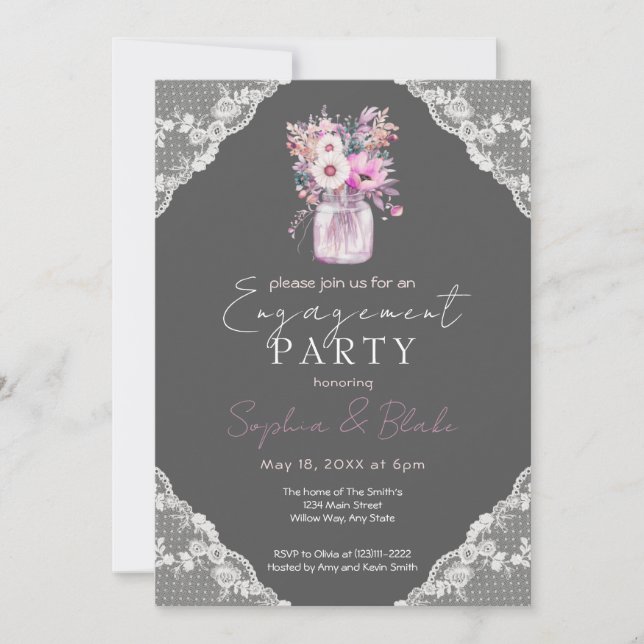 Country Lace Mason Jar Grey Engagement Party Invitation (Front)