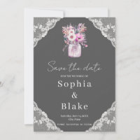 Country Lace Mason Jar Grey Save the Date 