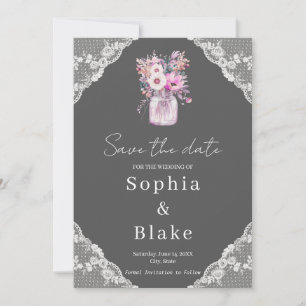 Country Lace Mason Jar Grey Save the Date  Invitation