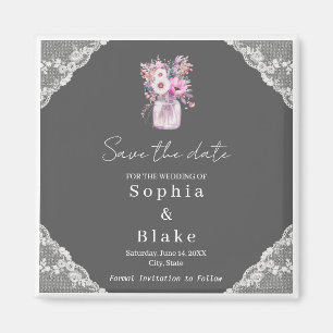 Country Lace Mason Jar Grey Save the Date Magnet
