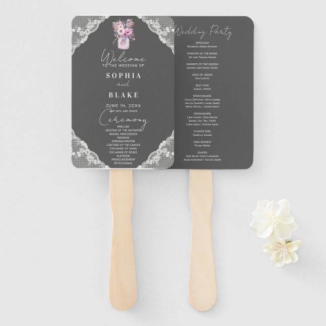 Country Lace Mason Jar Grey Wedding Program Hand Fan (Front and Back)